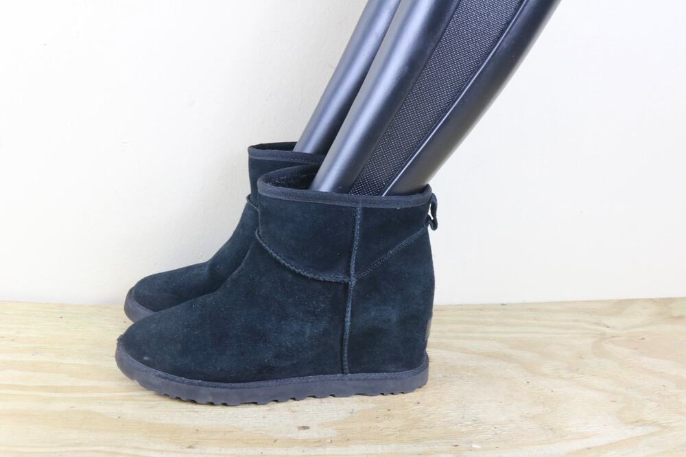 UGG Boots 9 Black Suede Sheepskin Shearling Lined UGG Classic Femme Mini Wedge
